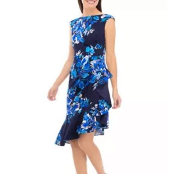 New Eliza J Boat Neck Cascade Ruffle Sheath Dress in Floral Print Size 8 - Picture 2 of 10